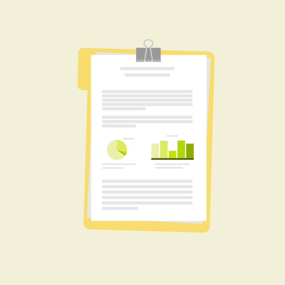 Document with data and statistic. Isolated vector illustration. Folder and stack of white papers. Journal or research paper flat design.