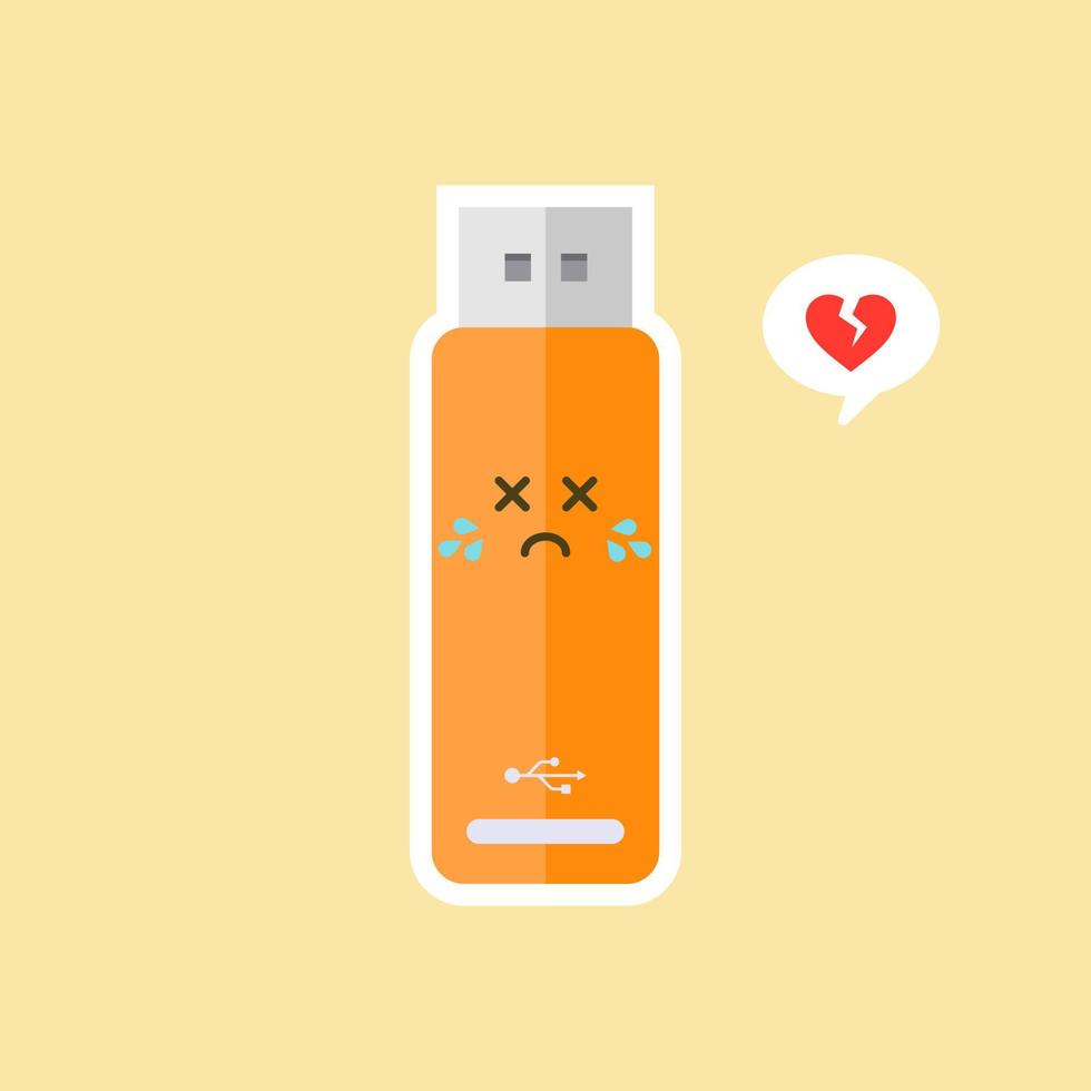 kawaii and cute USB Flash Drive icon isolated on color background. Memory Stick icon in flat style. Flash disk character with face expression. can use for technology, mascot, IT element, website, icon vector