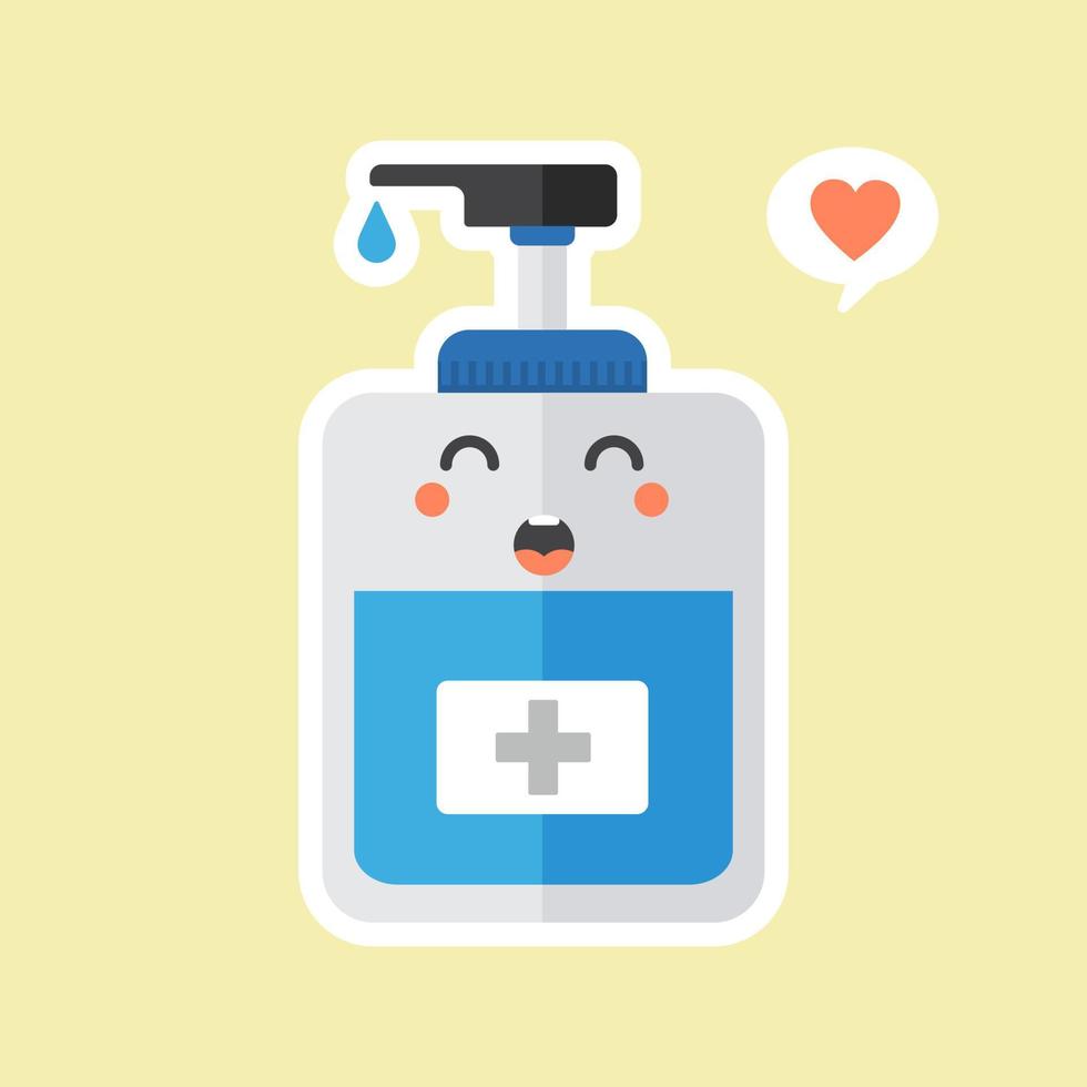 cute and kawaii disinfection or and sanitizer bottle, washing gel. Vector illustration suitable for hygiene, disinfect, medical, clean life, anti virus, bacteria, health care, disease spread, germs