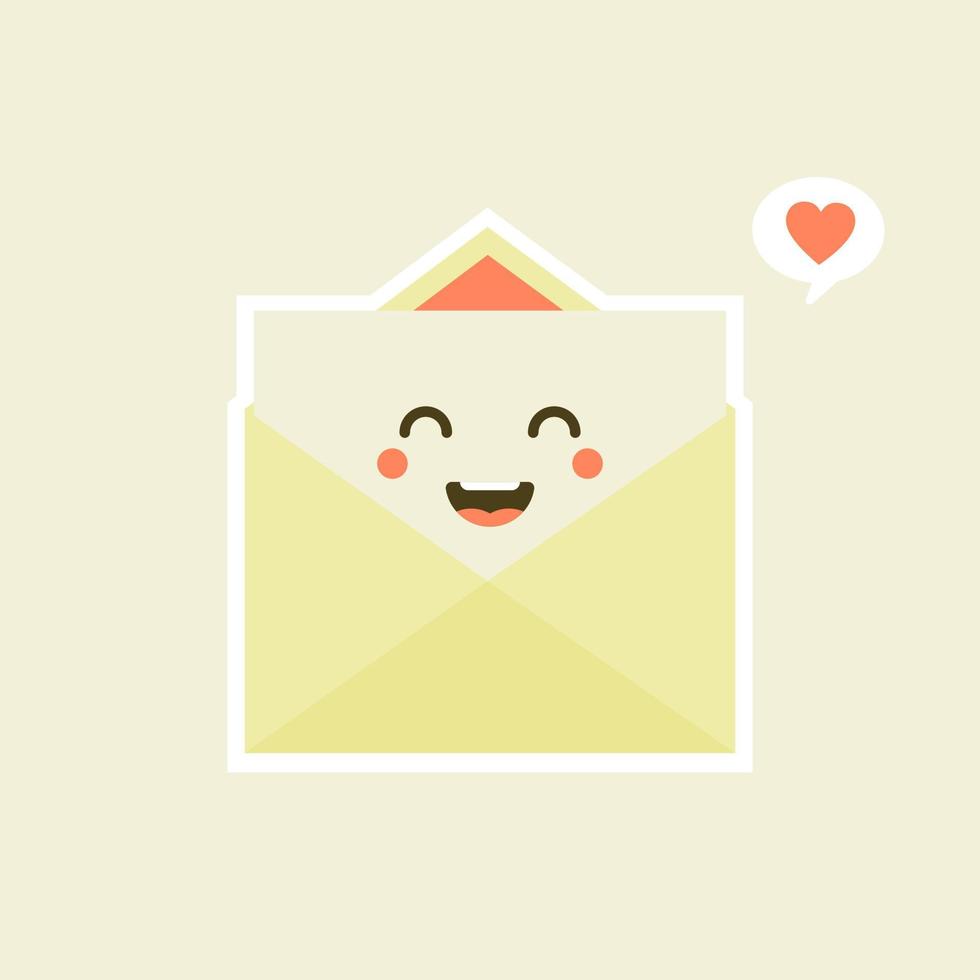 lindo y kawaii sonriente sobre feliz, carta de papel. ilustración de personaje de dibujos animados plano vectorial.aislado sobre fondo blanco. concepto de personaje de sobre. carta de amor para san valentin vector