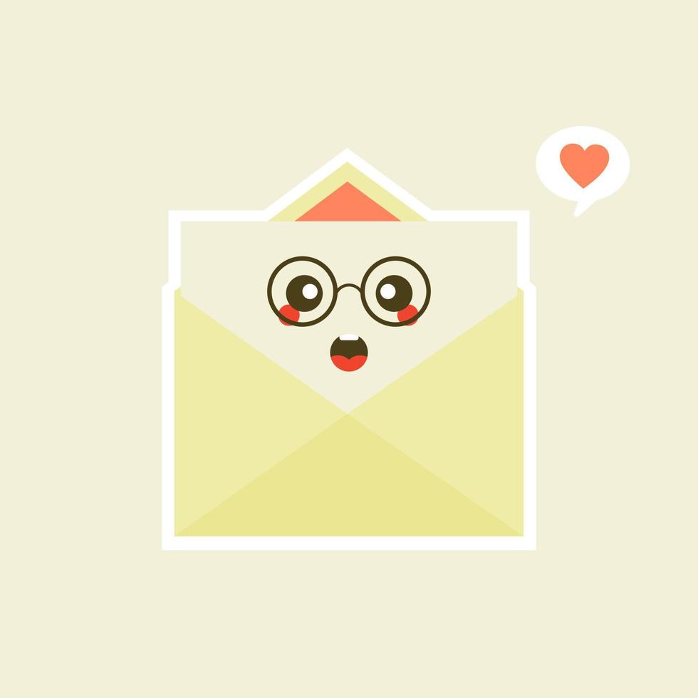 lindo y kawaii sonriente sobre feliz, carta de papel. ilustración de personaje de dibujos animados plano vectorial.aislado sobre fondo blanco. concepto de personaje de sobre. carta de amor para san valentin vector