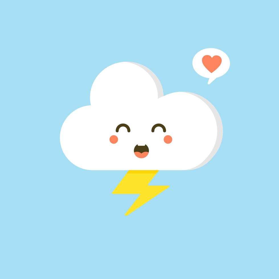 Colorful weather forecast icons. Funny cartoon sun and clouds. Adorable faces with various emotions. Flat vector for mobile app, social network sticker, children book or print. Cloud with lightning