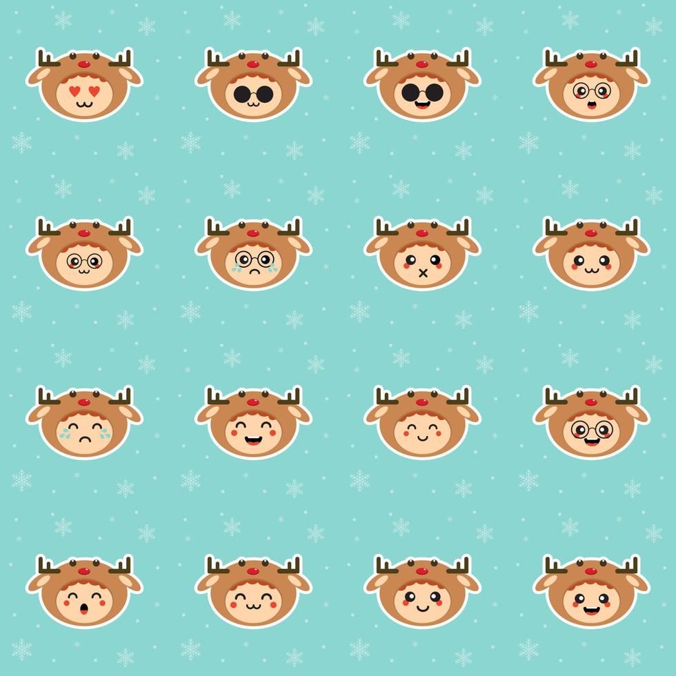 Kawaii and funny little boy dressed as deer. Cute kid in carnival costume. Merry Christmas and Happy New Year. Winter holiday. Flat vector design for greeting card, mascot, web