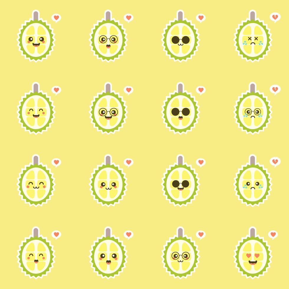 Funny and kawaii durian fruits. tropical fruit flat design Vector illustration. Use for card, mascot, poster, banner, emoji, emoticon, web design and print on t-shirt. Easy to edit.