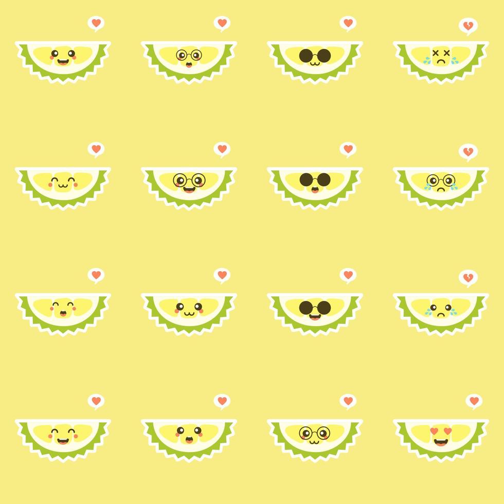 Funny and kawaii durian fruits. tropical fruit flat design Vector illustration. Use for card, mascot, poster, banner, emoji, emoticon, web design and print on t-shirt. Easy to edit.