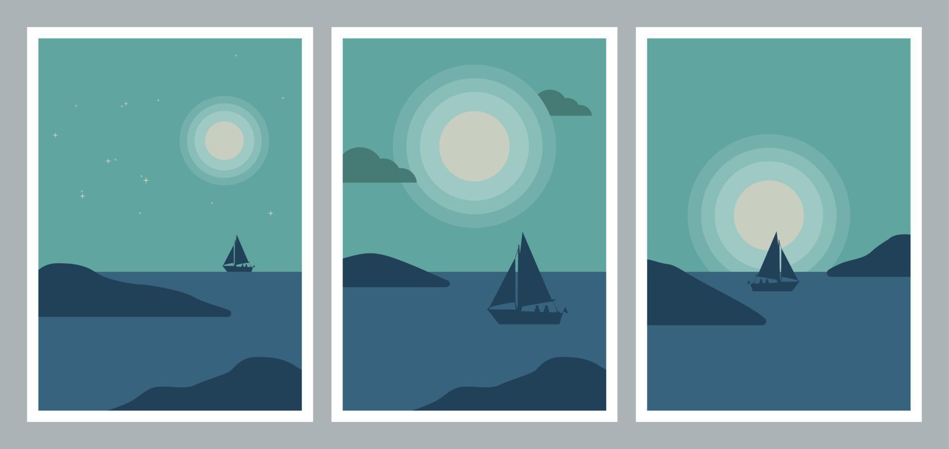 conjunto de fondos de afiches estéticos minimalistas abstractos con paisaje marino, silueta de pareja, yate. ilustración vectorial de moda para la decoración de paredes, postales o folletos, redes sociales. vector