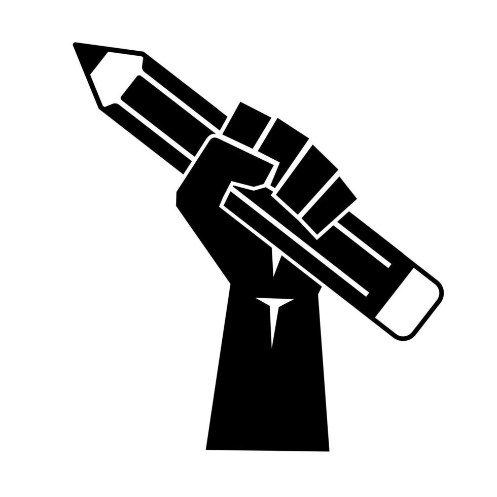 una mano de puño sosteniendo un lápiz. concepto de libertad de expresión, con un puño levantado sosteniendo un lápiz rojo. símbolo de puño levantado vector