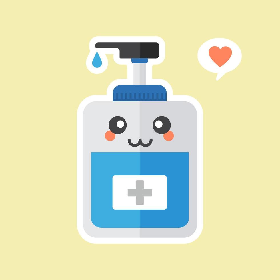 cute and kawaii disinfection or and sanitizer bottle, washing gel. Vector illustration suitable for hygiene, disinfect, medical, clean life, anti virus, bacteria, health care, disease spread, germs