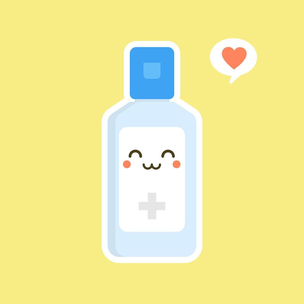 linda y kawaii botella de desinfección o desinfectante, gel de lavado. ilustración vectorial adecuada para higiene, desinfección, medicina, vida limpia, antivirus, bacterias, atención médica, propagación de enfermedades, gérmenes vector