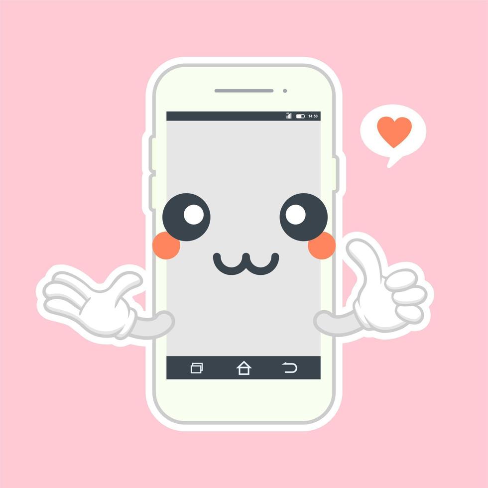 Cute and kawaii smartphone flat design, mobile phone cartoon character. Vector flat line cartoon kawaii character illustration icon. Callphone, smartphone with character face app concept