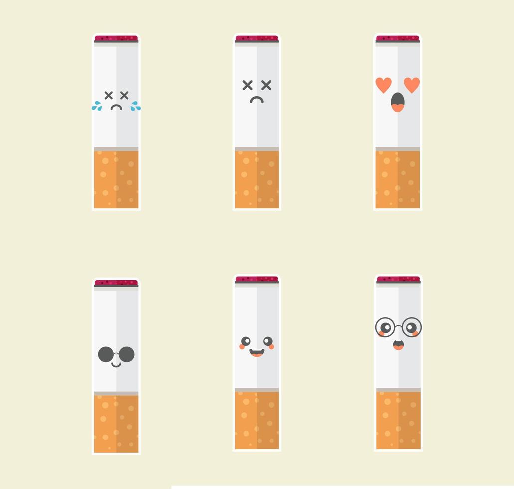 Set of cigarette character Icons In Different Expressions. Flat design. Avatars,cards,stickers,sites,poster. Vector illustration. Design for health, no smoking , risk, cancer, hospital, healthcare