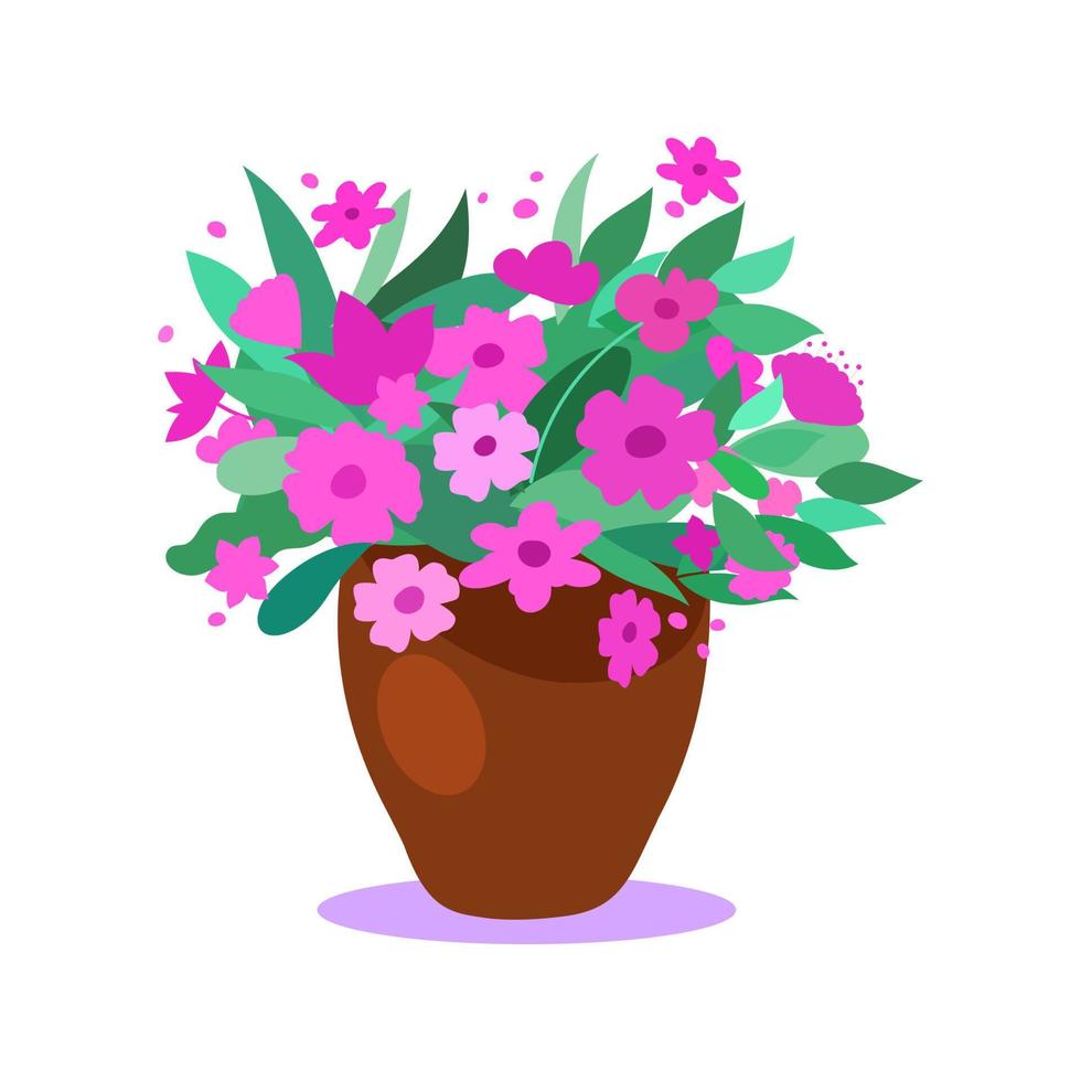 Pink flowers in a basket. Vector flat illustration