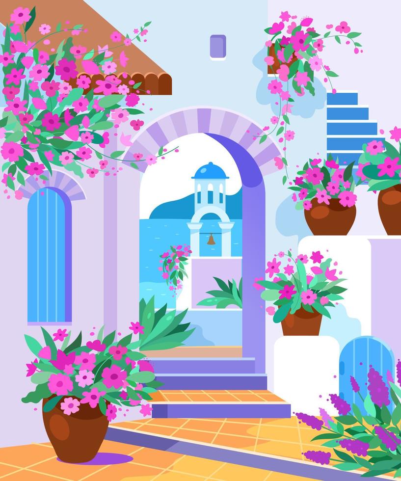 Santorini island, Greece. Beautiful traditional white architecture and Greek Orthodox churches with blue domes and flowers. Scenic travel background. Advertising card, flyer, vector