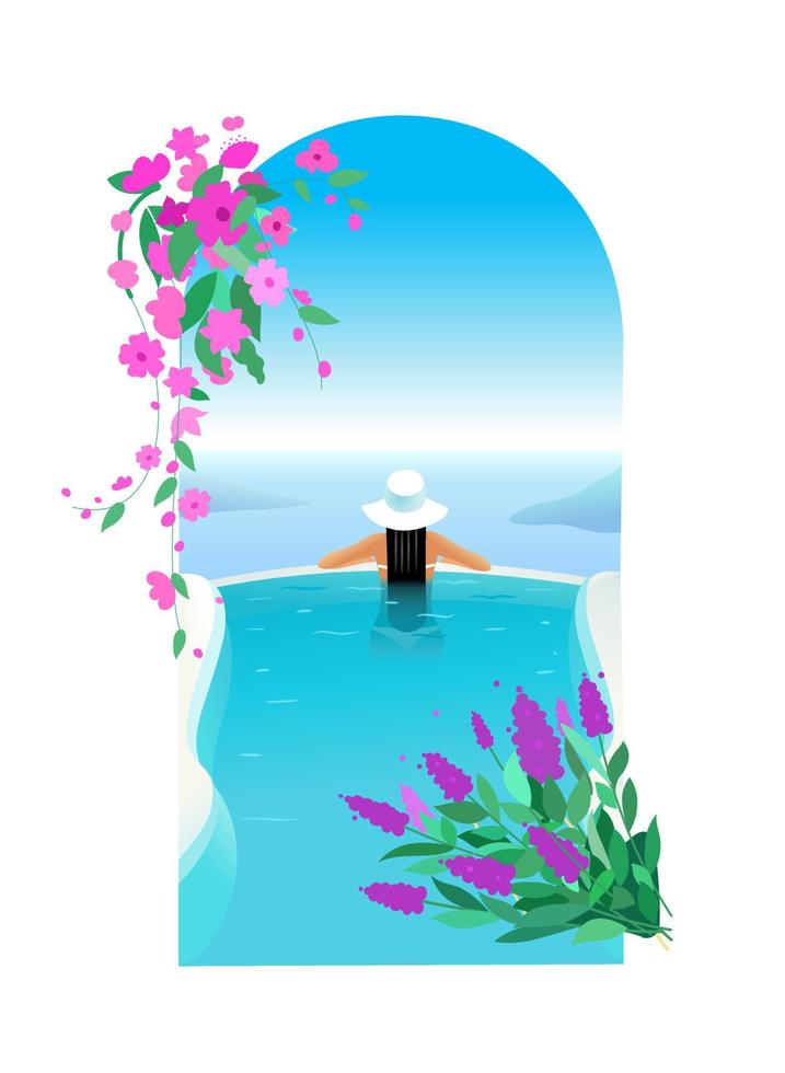 Girl in a hat in the pool. Summer rest. Resort and spa in Greece, Santorini. Relaxation, vacation. Vector illustration