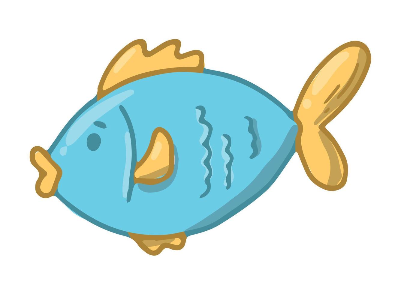 cute hand drawn light blue fish with yellow tail isolated on white background. Good for nursery posters, prints, cards, kids apparel decor, stickers, etc. Sea life doodle, clipart. EPS 10 vector