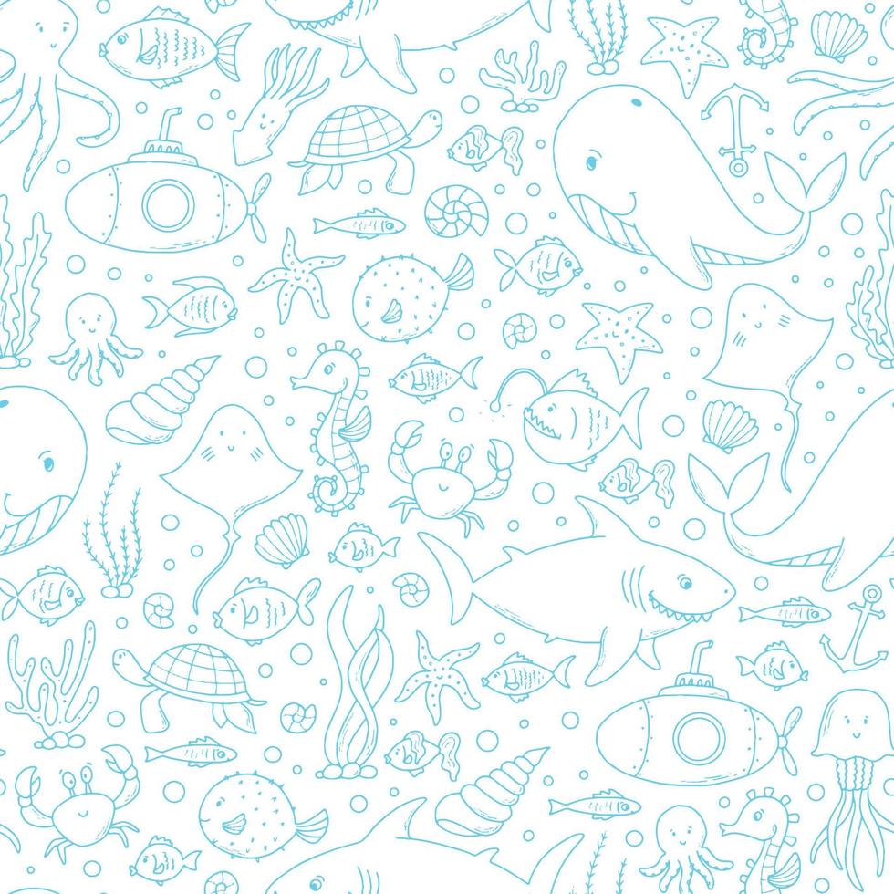 Seamless pattern sea life doodles and elements on white backgrouhd. Good for wrapping paper, textile prints, scrapbooking, packaging, stationary, wallpaper, backgrounds, etc. EPS 10 vector