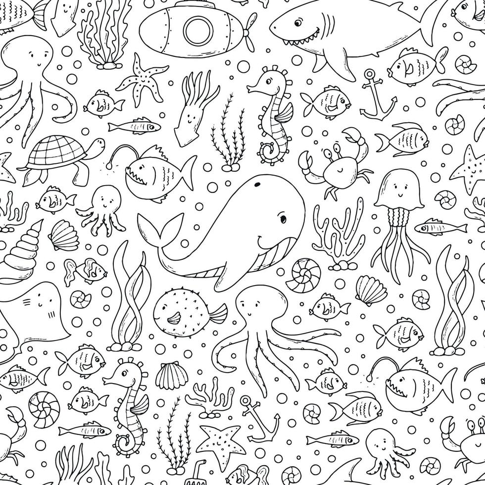 monochrome seamless pattern decorated with sea doodles, elements. Good for prints, posters, cards, wrapping paper, coloring pages, scrapbooking, textile, wallpaper, etc. EPS 10 vector