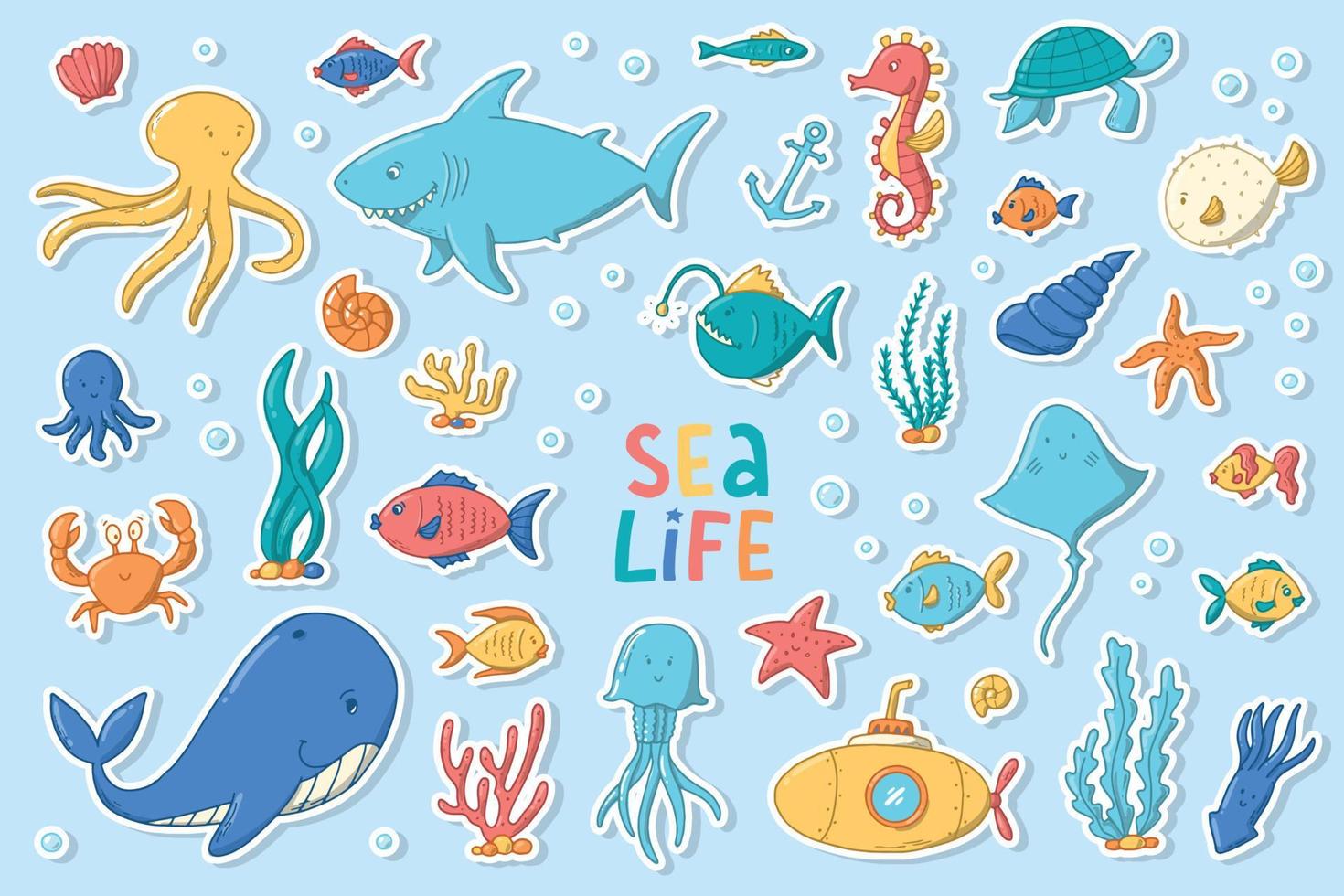 set of 33 sea life stickers, doodles, clipart with white edge. Good for posters, prints, cards, kids apparel decor, sublimation, labels, etc. EPS 10 vector