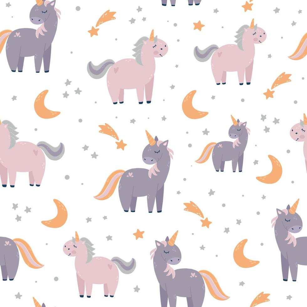 nursery seamless pattern with unicorns and stars on white background. Good for posters, prints, wrapping paper, textile, banners, etc. EPS 10 vector