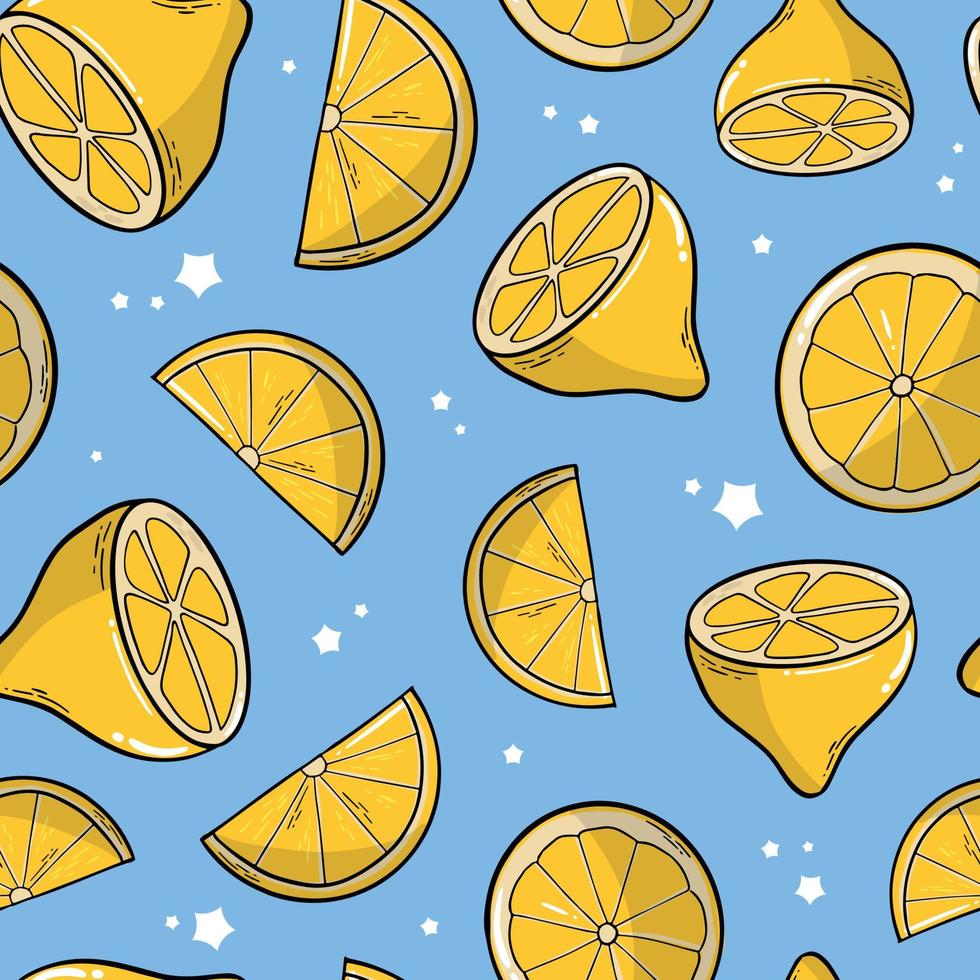 seamless pattern with hand drawn lemons on blue background. Good for wrapping paper, packaging, textile prints, wallpaper, scrapbooking, stationary, etc. EPS 10 vector