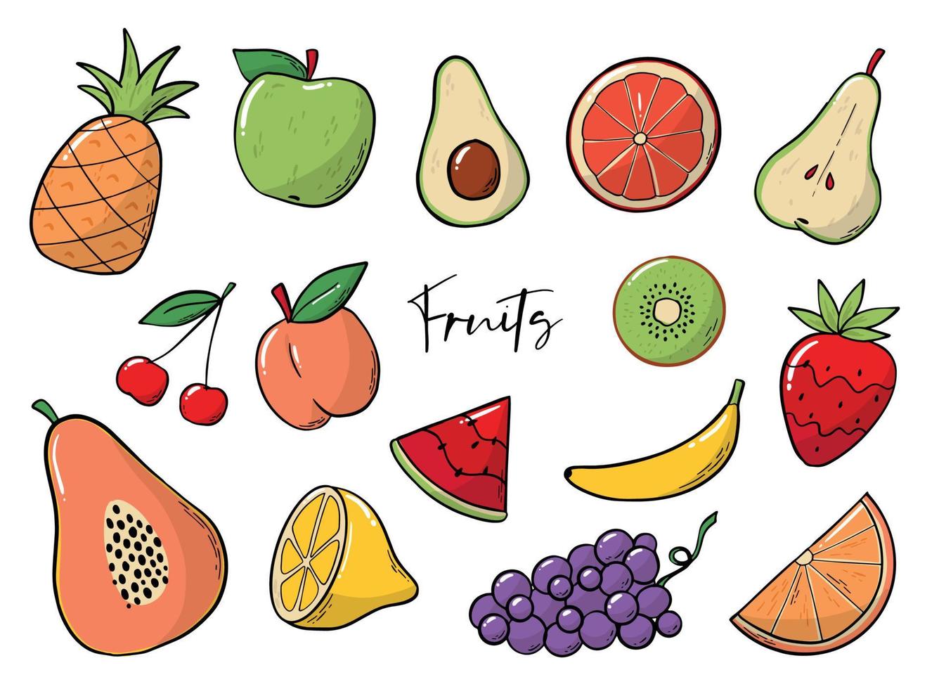 conjunto de frutas dibujadas a mano aisladas sobre fondo blanco. bueno para impresiones, pegatinas, imágenes prediseñadas, carteles, decoración de productos, embalajes, logotipos, etc. eps 10 vector