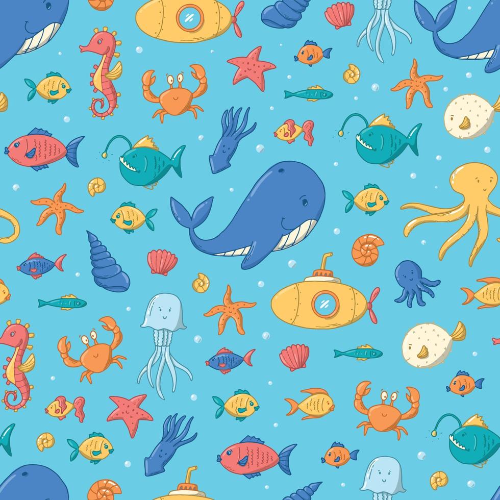 Sea life seamless pattern with fish doodles for nursery textile prints, scrapbooking, stationary, wallpaper, wrapping paper, packaging. Kids print, pattern. EPS 10 vector