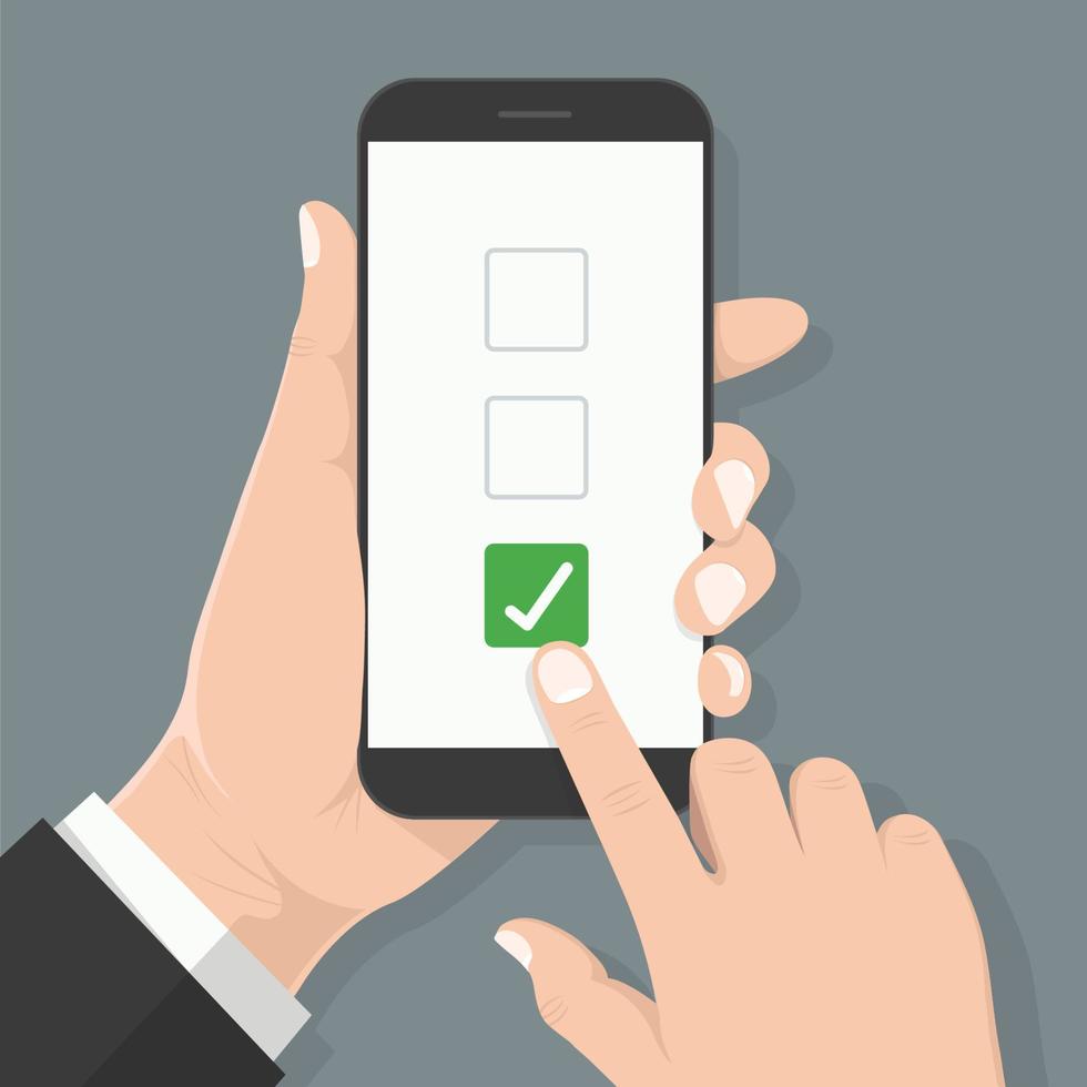 Flat design style human hand holding smartphone with Voting symbol on the screen.vector design element illustration vector