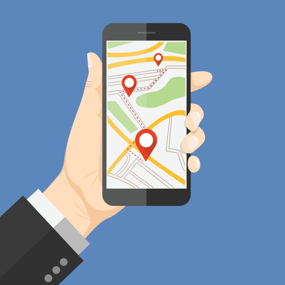 Flat design style human hand  holding smartphone or tablet with map app on the screen , vector design element illustration