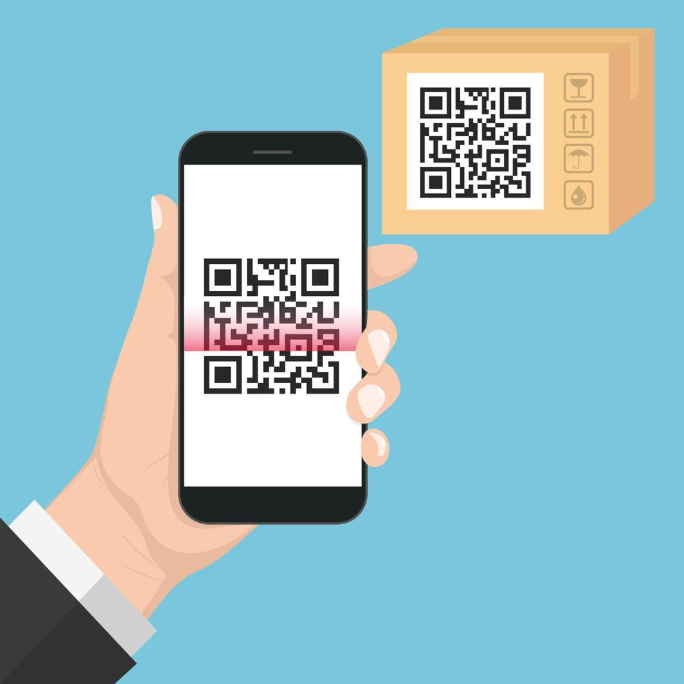 diseño flash con mano de sombra larga sosteniendo el teléfono inteligente con código qr en pantalla. el concepto es escaneo de código qr en un teléfono inteligente, ilustración de elemento de diseño vectorial vector