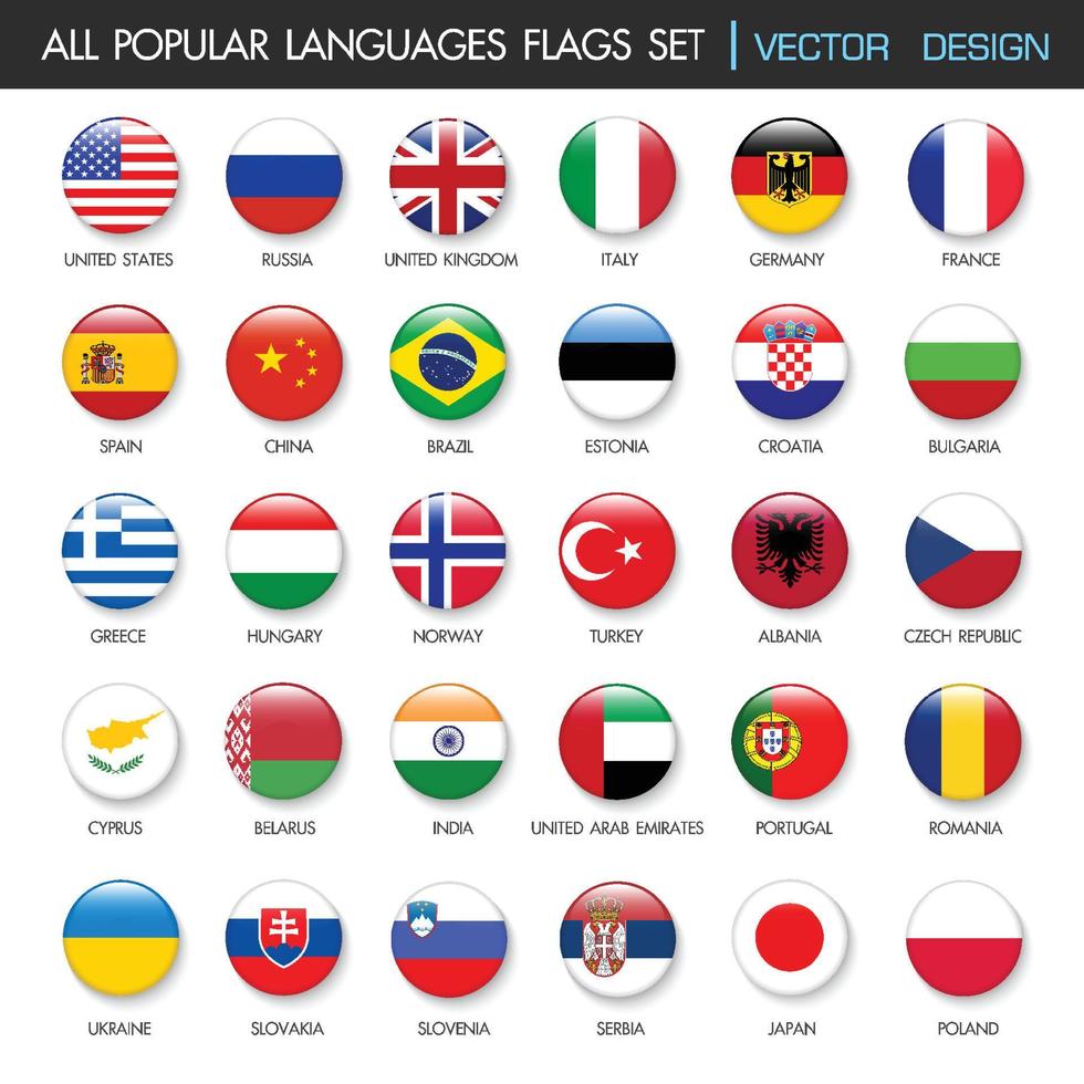 All Popular Languages flags Collection in botton stlye,vector design element illustration vector