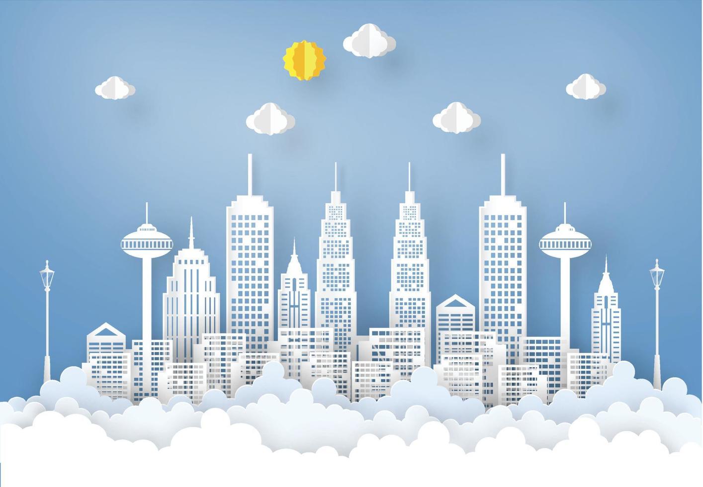 Paper art design style City in the Cloud the concept is Happy City ,City go Green or clean energy city , vector design element illustration
