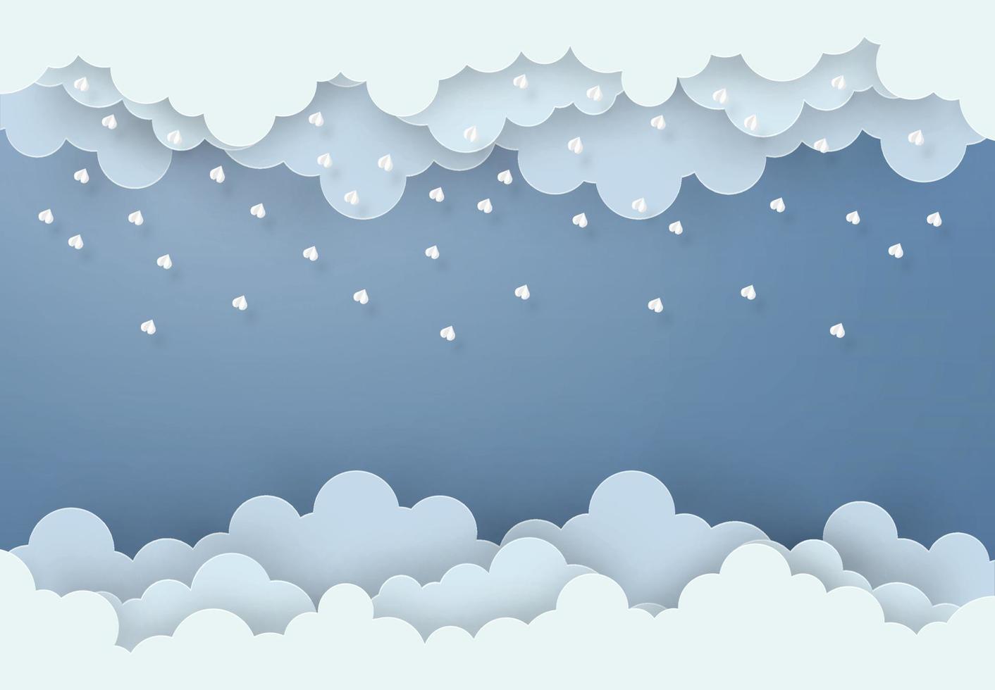 estilo de diseño de arte en papel el concepto es temporada de lluvias, nubes y lluvia sobre fondo oscuro, ilustración de elementos de diseño vectorial vector