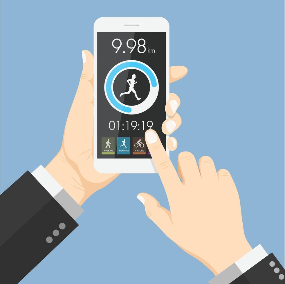 Flat design style human hand  holding smartphone tablet  with health app in the screen , vector design element illustration