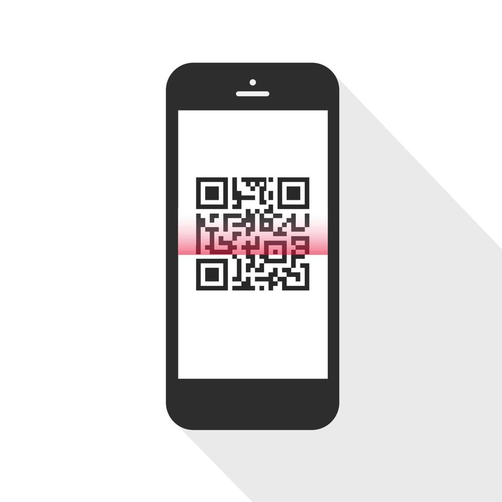 diseño flash con sombra larga el teléfono inteligente con código qr en pantalla. el concepto es escaneo de código qr en un teléfono inteligente, ilustración de elemento de diseño vectorial vector