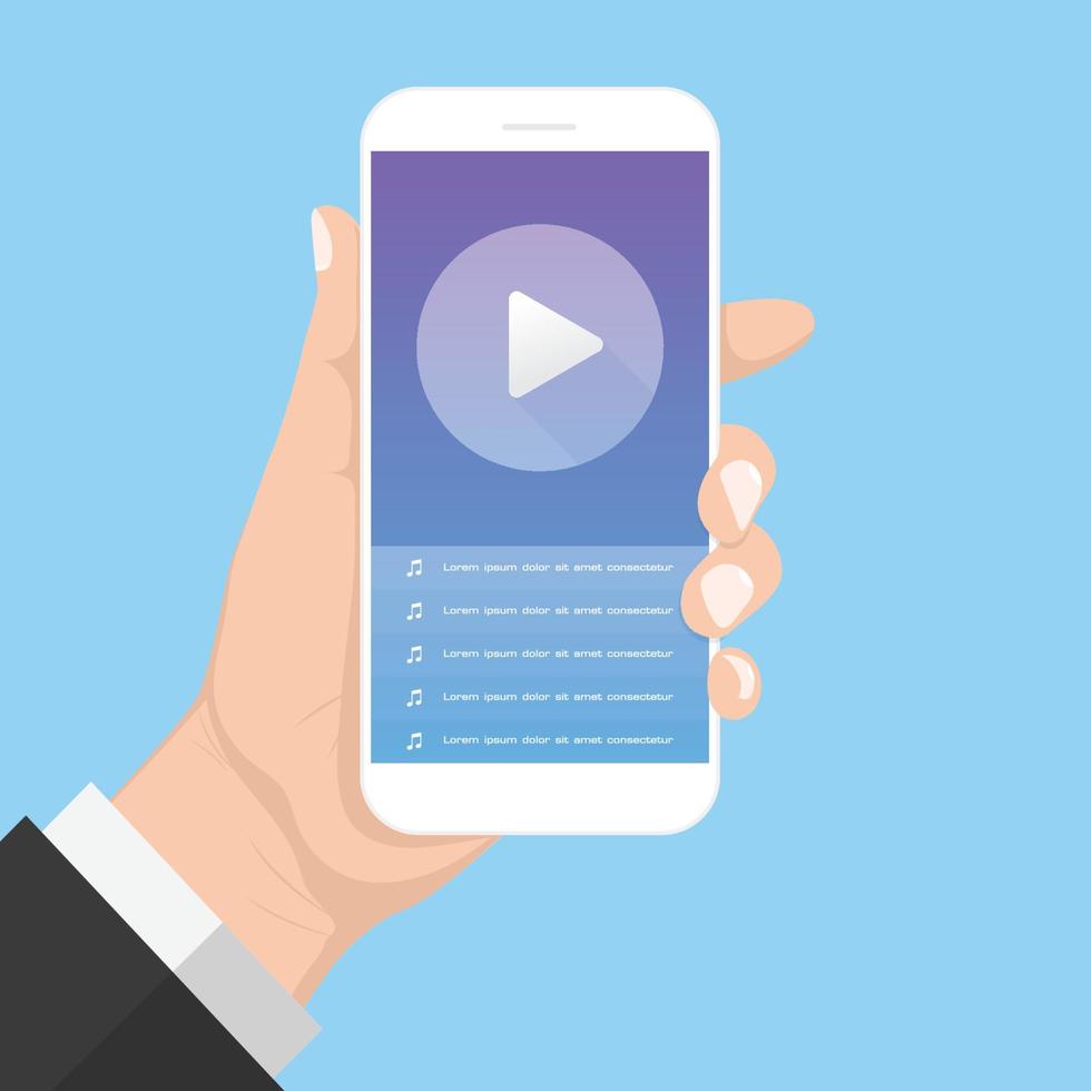 Flash Design with long shadow Hand Holding the smart phone with  multimedia audio controller Application on screen ,vector design Element illustration vector