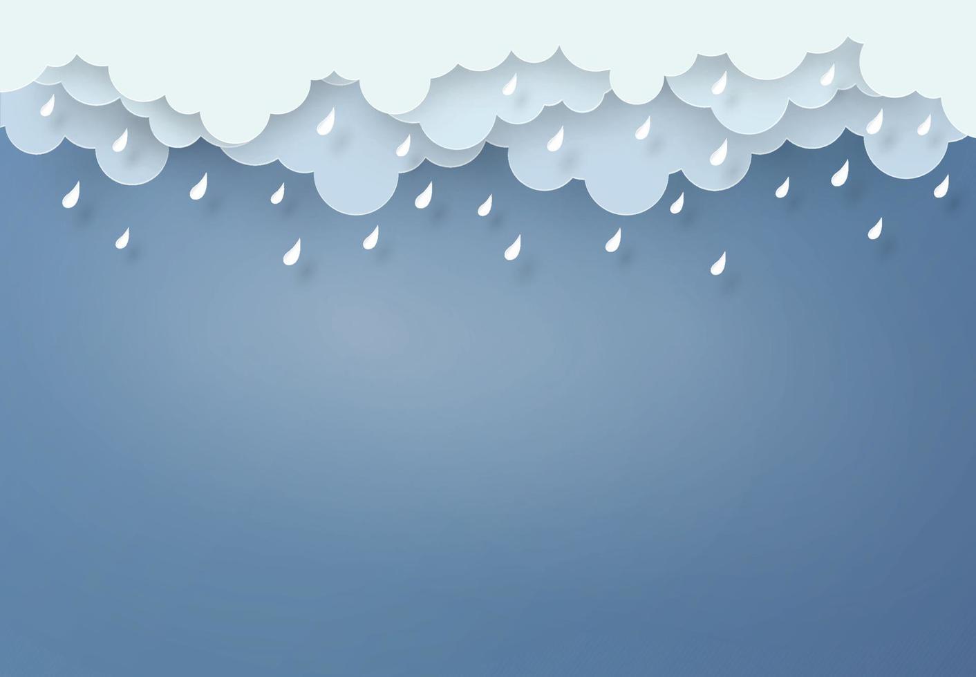 estilo de diseño de arte en papel el concepto es temporada de lluvias, nubes y lluvia sobre fondo azul, ilustración de elementos de diseño vectorial vector