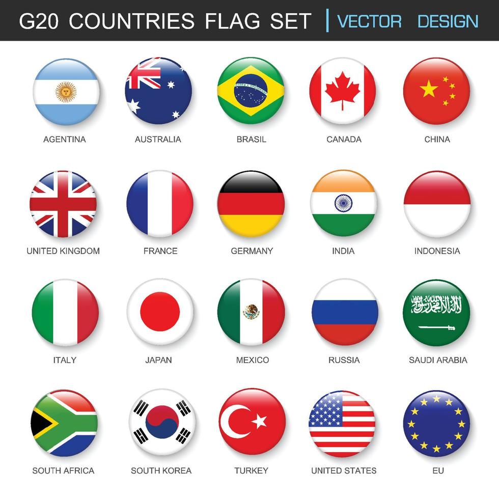 conjunto de banderas de países del g20 y miembros en estilo inferior, ilustración de elemento de diseño vectorial vector