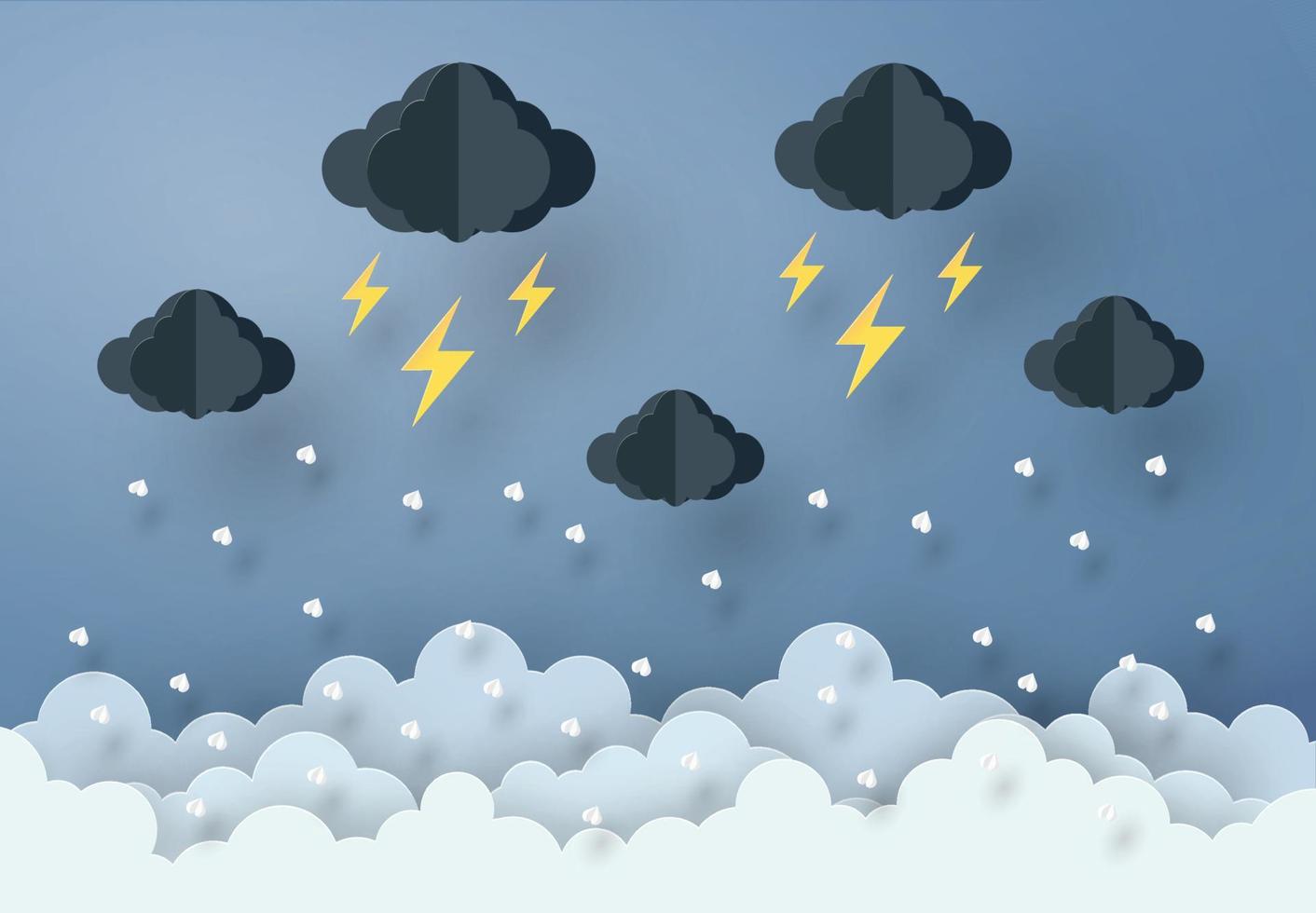 estilo de diseño de arte en papel el concepto es temporada de lluvias, nubes y lluvia sobre fondo oscuro, ilustración de elementos de diseño vectorial vector