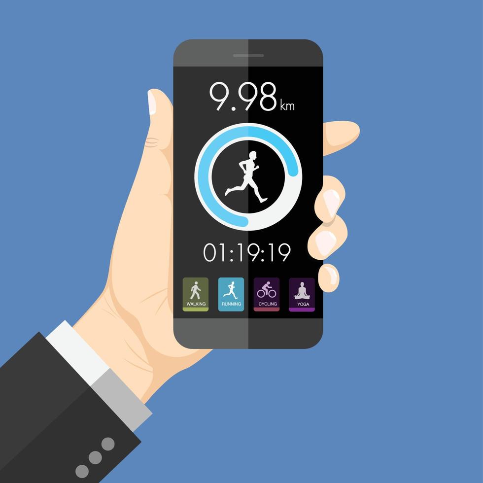 Flat design style human hand  holding smartphone tablet  with health app in the screen , vector design element illustration
