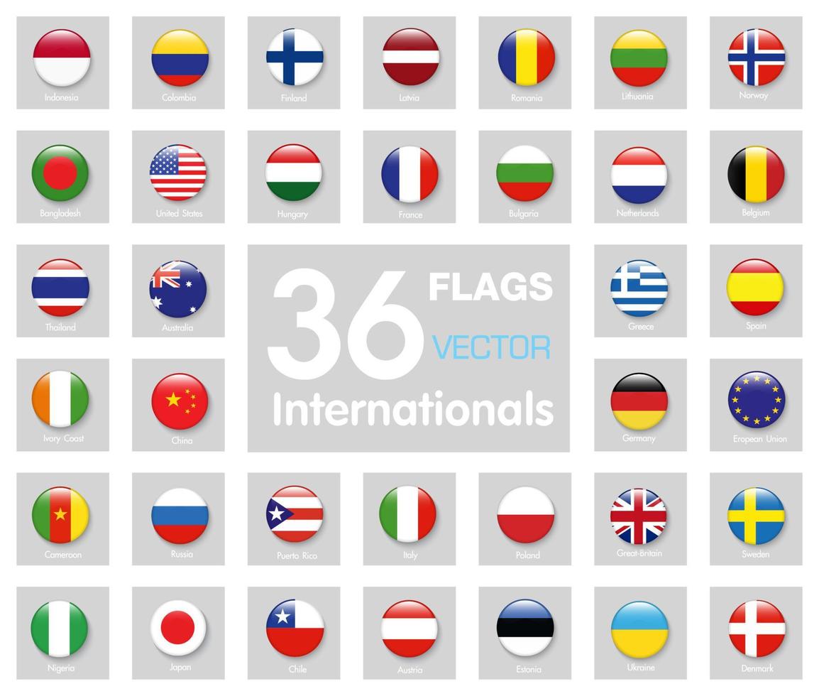 36 iconos de bandera mundial internacionales establecidos en círculo, ilustración de elementos de diseño vectorial vector