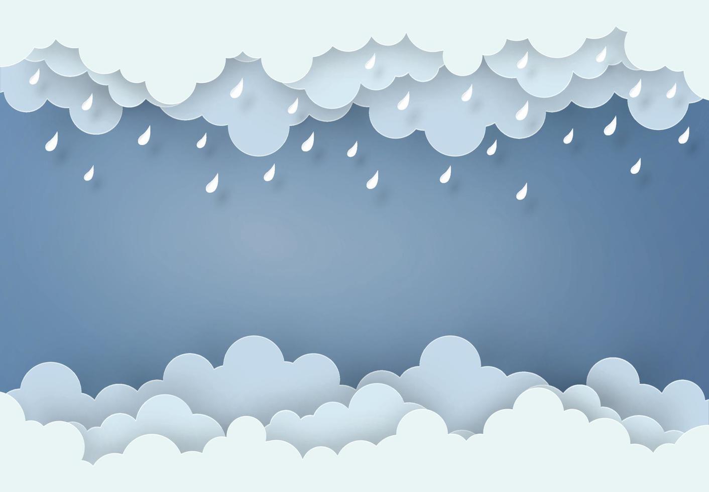 estilo de diseño de arte en papel el concepto es temporada de lluvias, nubes y lluvia sobre fondo azul claro, ilustración de elementos de diseño vectorial vector