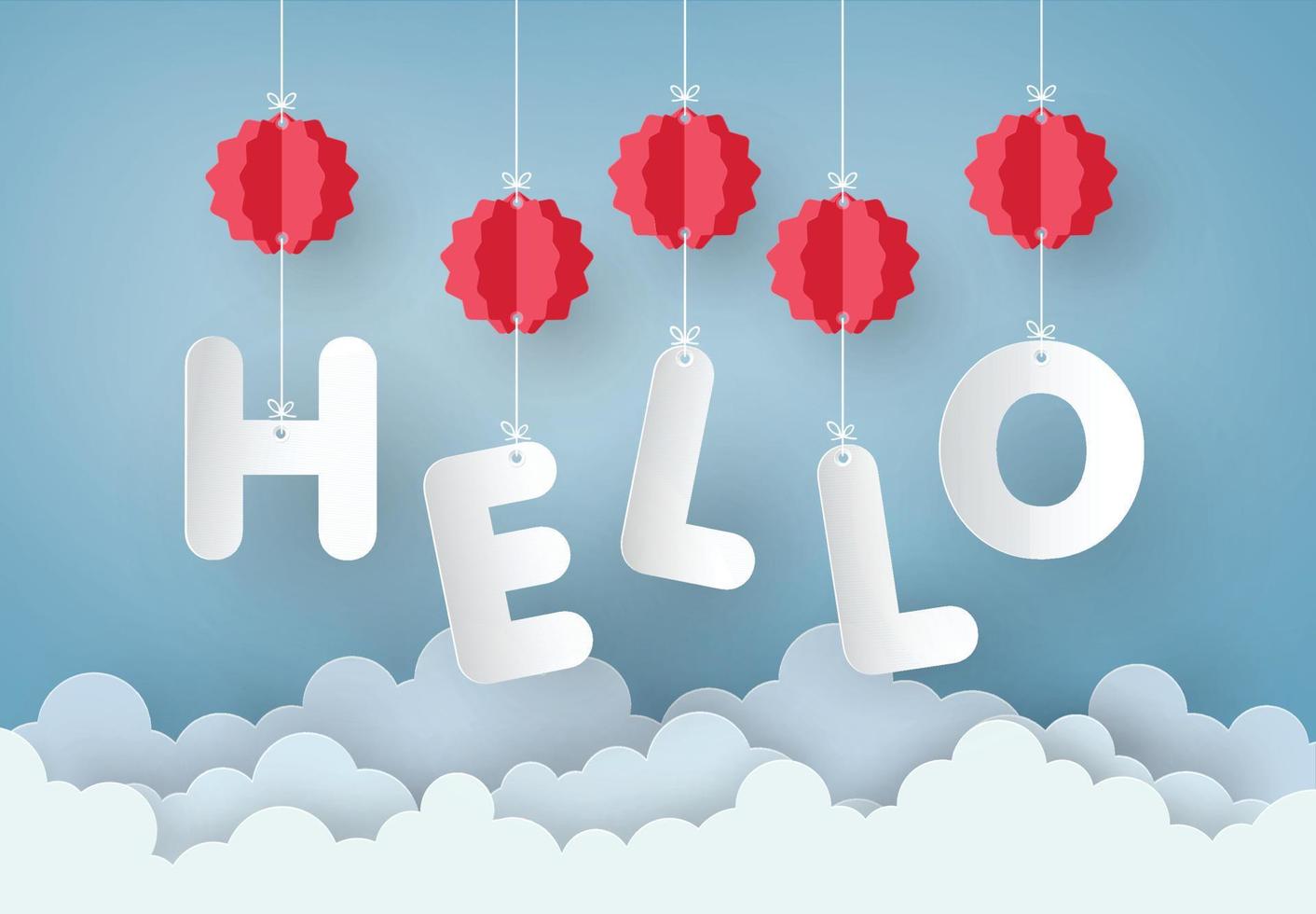 paper art design with H.E.L.L.O  Letter mobile  on Blue sky background, vector design element