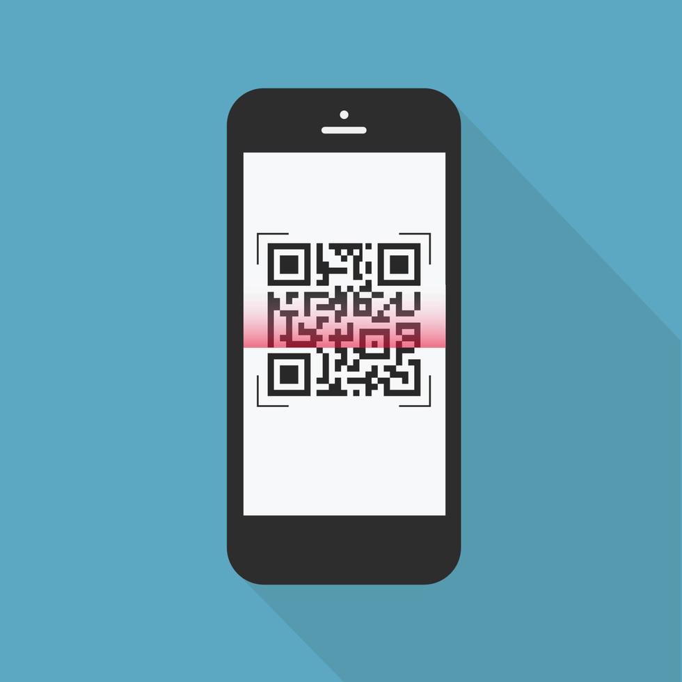 diseño flash con sombra larga el teléfono inteligente con código qr en pantalla. el concepto es escaneo de código qr en un teléfono inteligente, ilustración de elemento de diseño vectorial vector