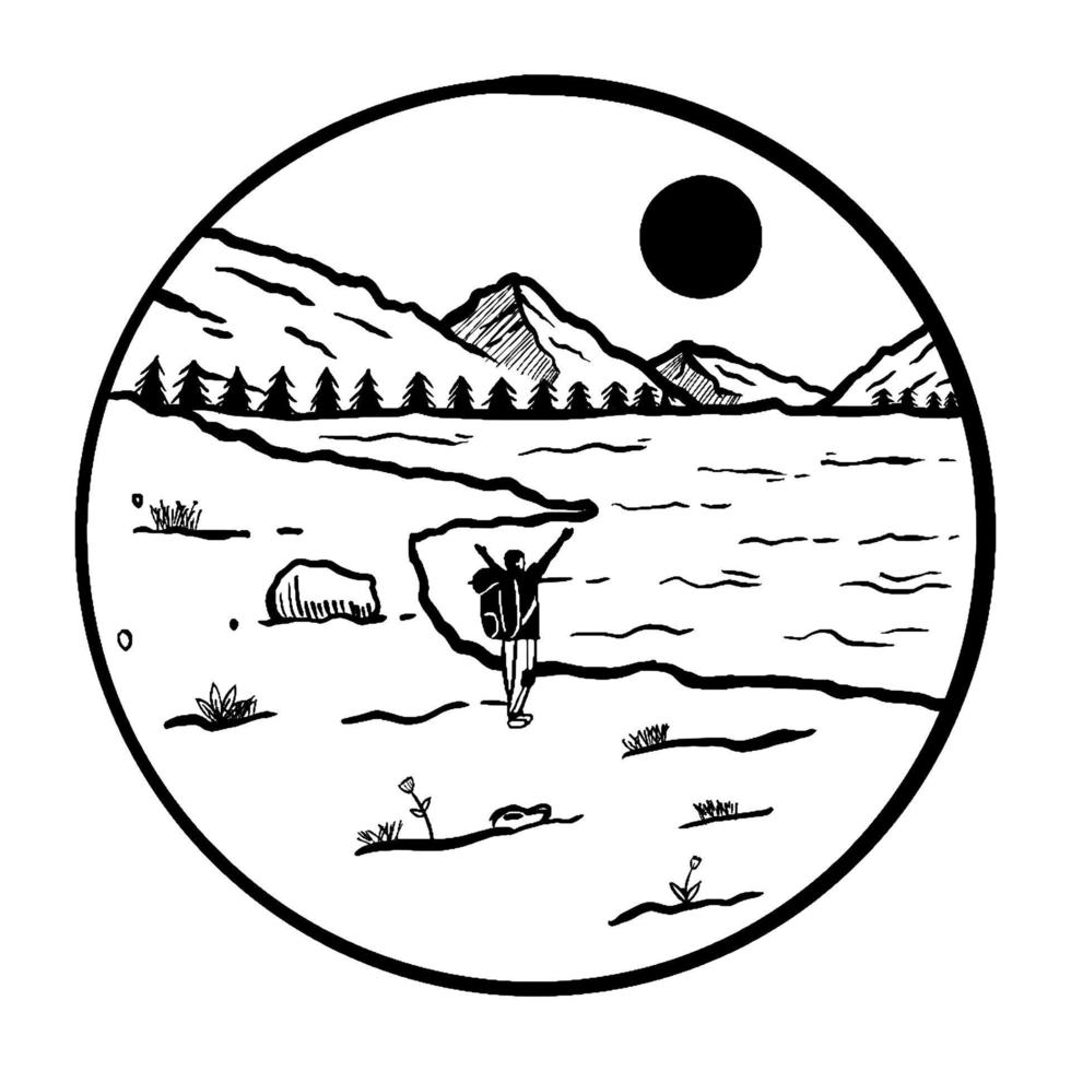 the view of backpacker looking at the lake with mountains background. doodle art badge vector