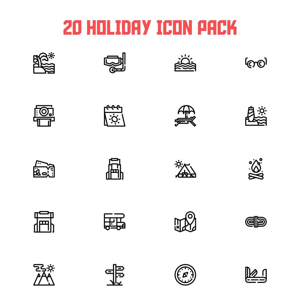 20 iconos de vacaciones de verano y tema de senderismo de campamento. vector