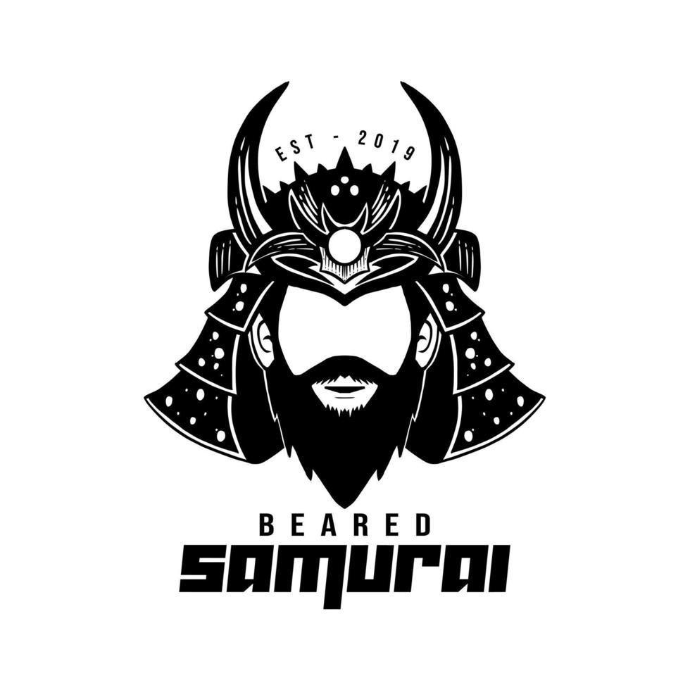logotipo de samurai con barba en blanco y negro. vector