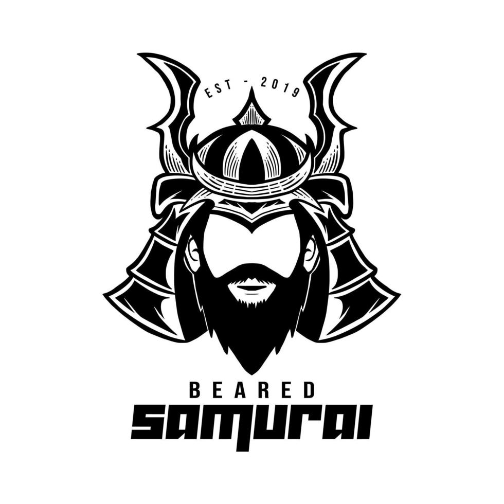 logotipo de samurai con barba en blanco y negro. vector