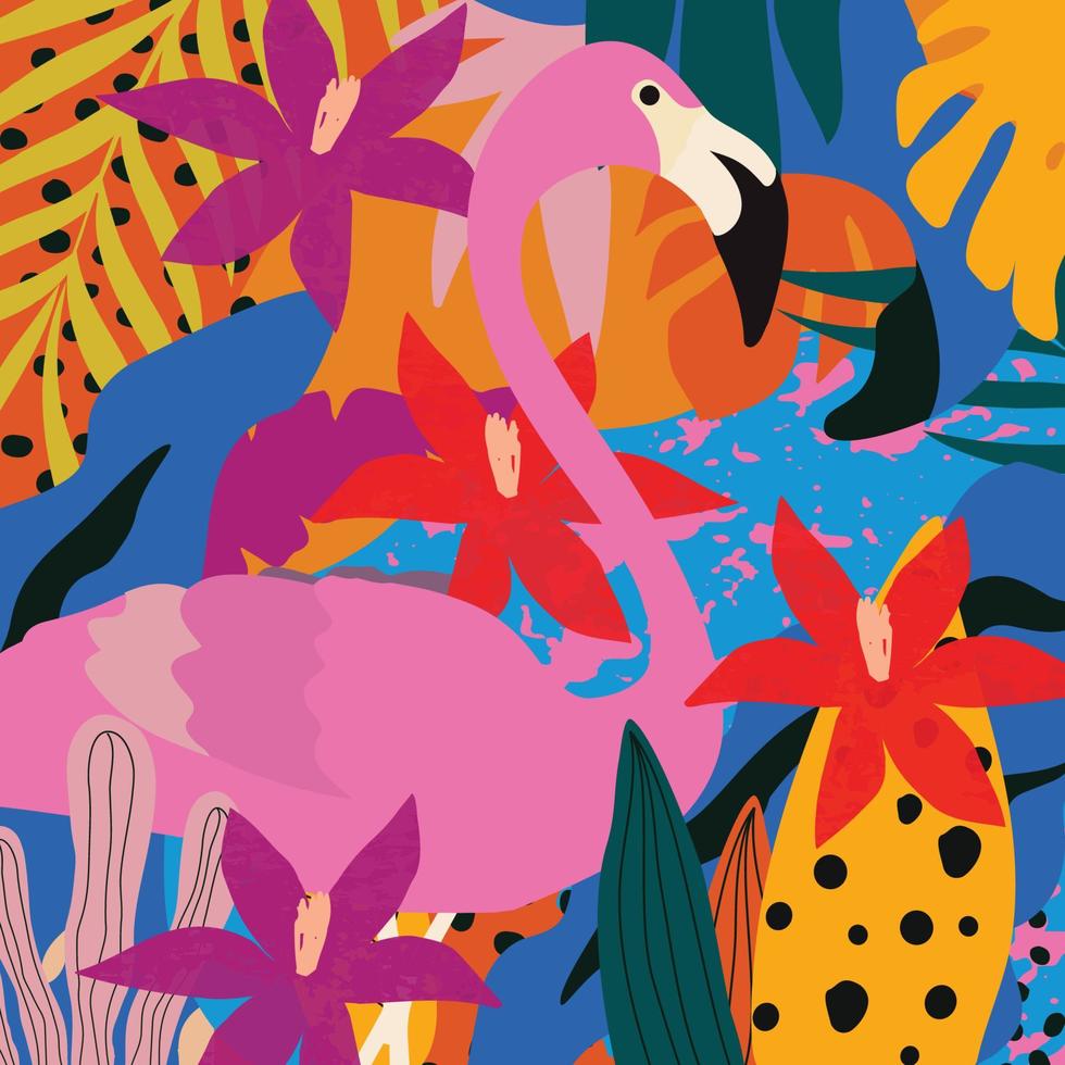 lindo y juguetón afiche moderno de vida silvestre con un primer plano de flamenco en hojas y flores ilustración vectorial. impresión de arte tropical, fondo de vida silvestre exótica vector