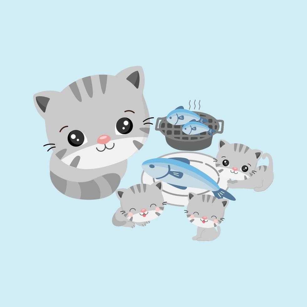 Cat and baby eating grilled fishes. Happy family concept. vector