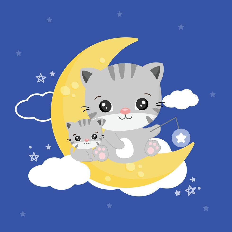 los gatos duermen en la luna con fondo de cielo oscuro. vector